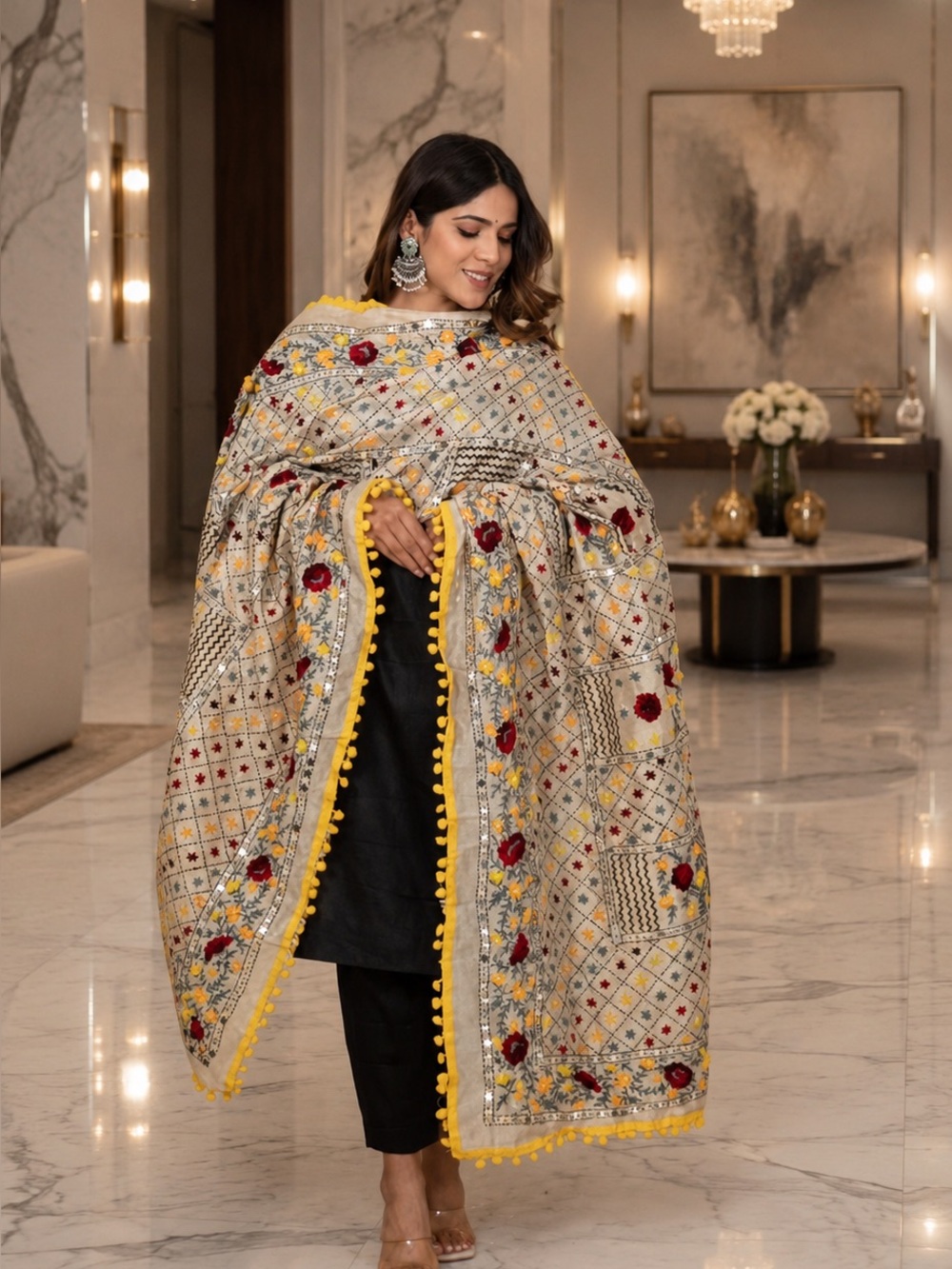 Shawl Raw Yellow Pom Pom Silk Handmade mirror and thread Pom pom scarf long